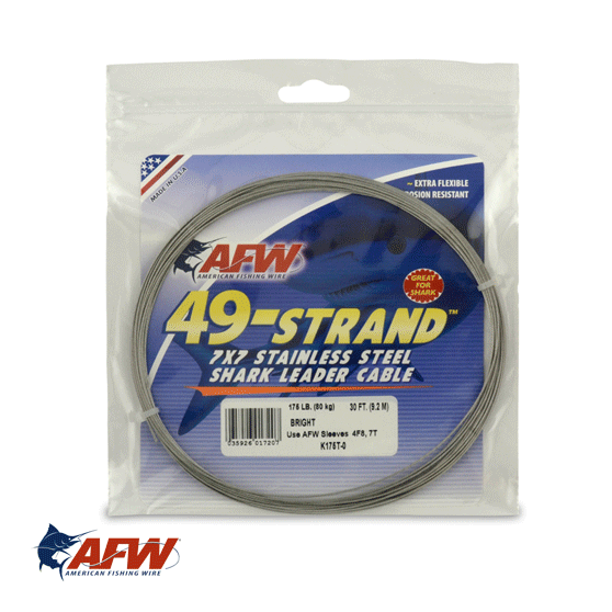 American Fishing Wire 49 Strand, 7x7 Stainless Steel Shark Leader Cable, 90 Lb / 41 Kg Test, 031 In / 0.79 Mm Dia, Bright, 300 Ft / 91.5 M